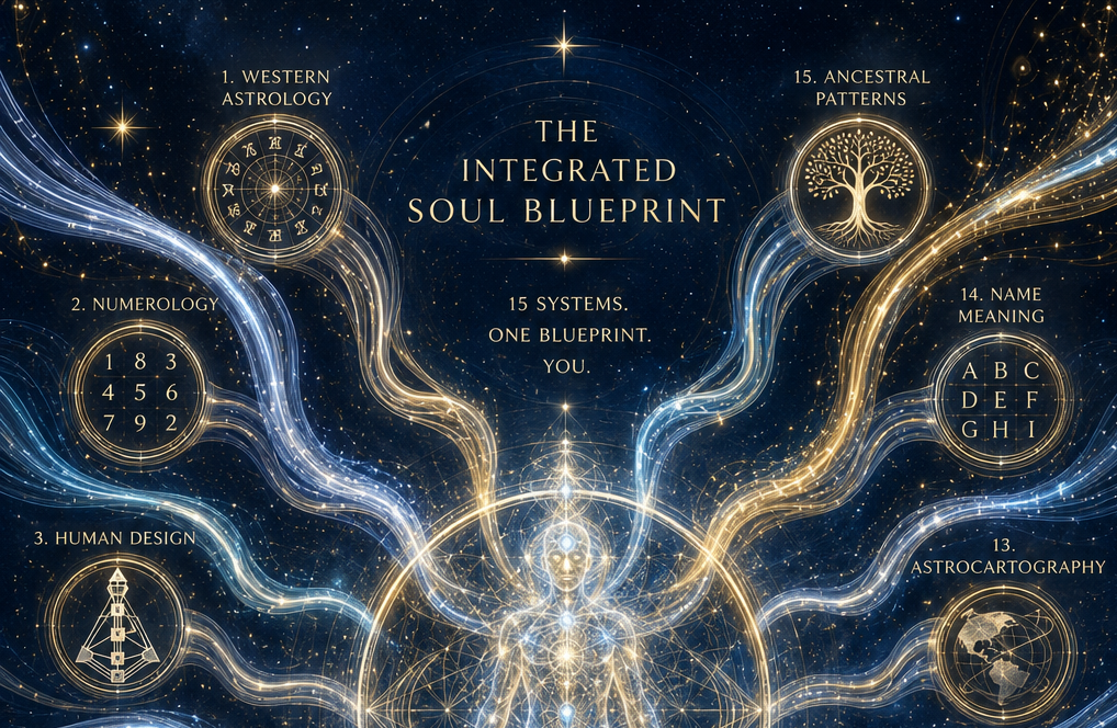 The Integrated Soul Blueprint — 15 systems, one blueprint: astrology, numerology, human design, ancestral patterns, name meaning and astrocartography woven into one map